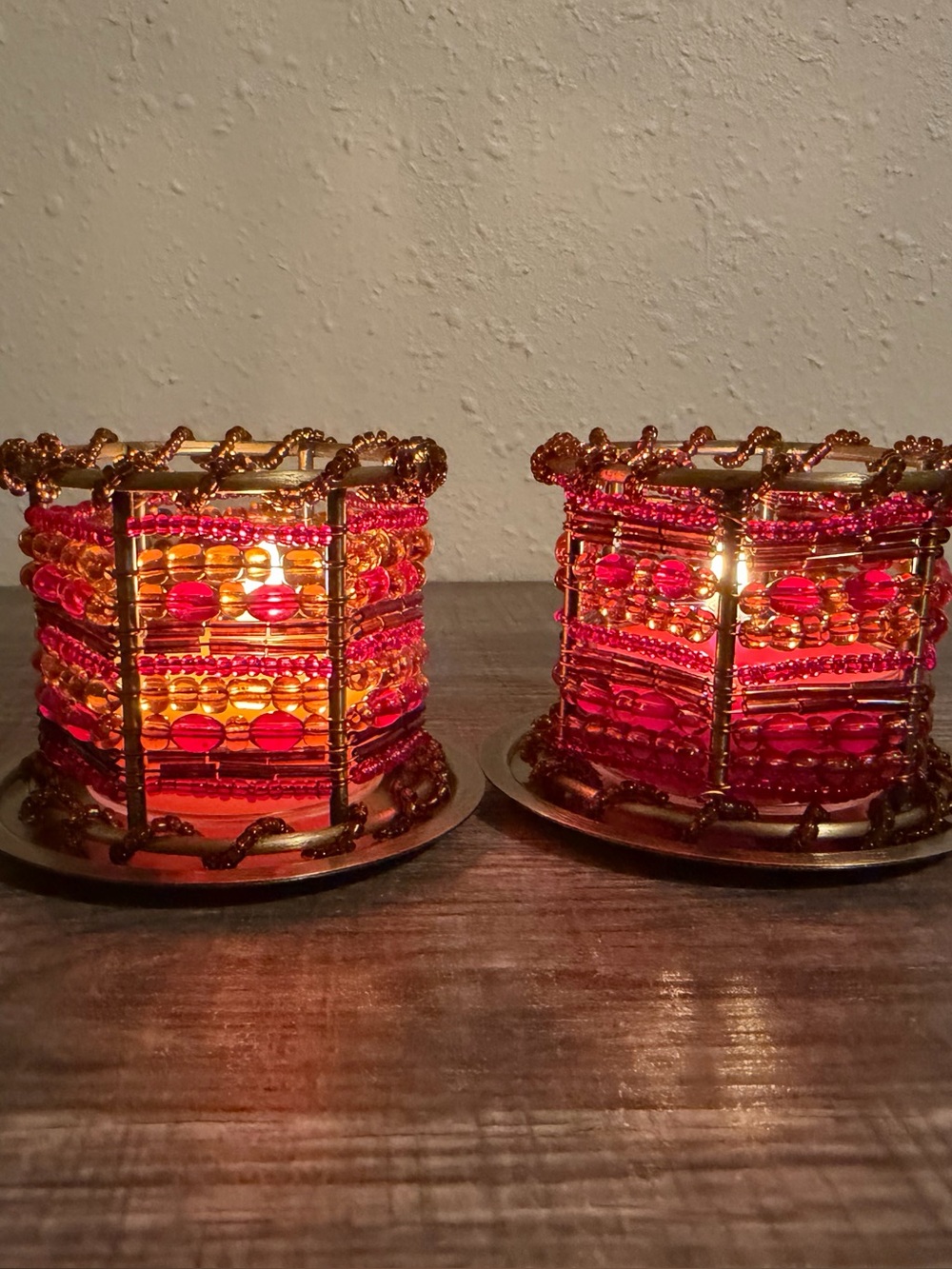 PartyLite Colorful Beaded Tealight Candle Ring Set Pair Moroccan Spice BOHO Fall